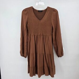 Zesica Brown Smocked Tiered Long‎ Sleeve Rayon Dress Women's Size L